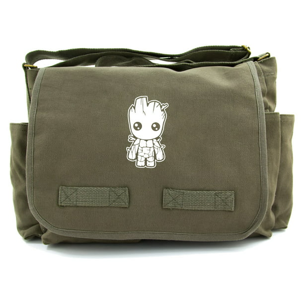 Grab A Smile Baby Groot Guardians of The Galaxy Canvas Crossbody Travel Map Bag Case Olive & Black 